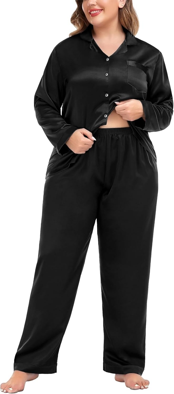 image:imageSWOMOG Women Plus Size Long Sleeve Pajamas Silk Satin Pajama Sets Button Down Sleepwear Pjs Loungewear with PocketsInk