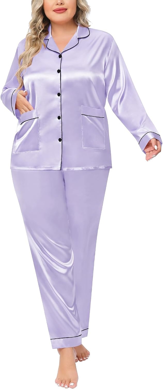 image:imageSWOMOG Women Plus Size Long Sleeve Pajamas Silk Satin Pajama Sets Button Down Sleepwear Pjs Loungewear with PocketsLavender