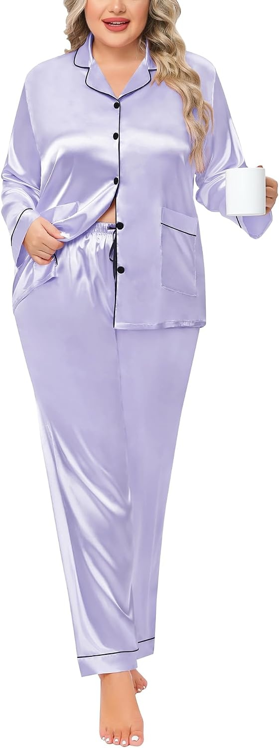 image:imageSWOMOG Women Plus Size Long Sleeve Pajamas Silk Satin Pajama Sets Button Down Sleepwear Pjs Loungewear with PocketsLavender