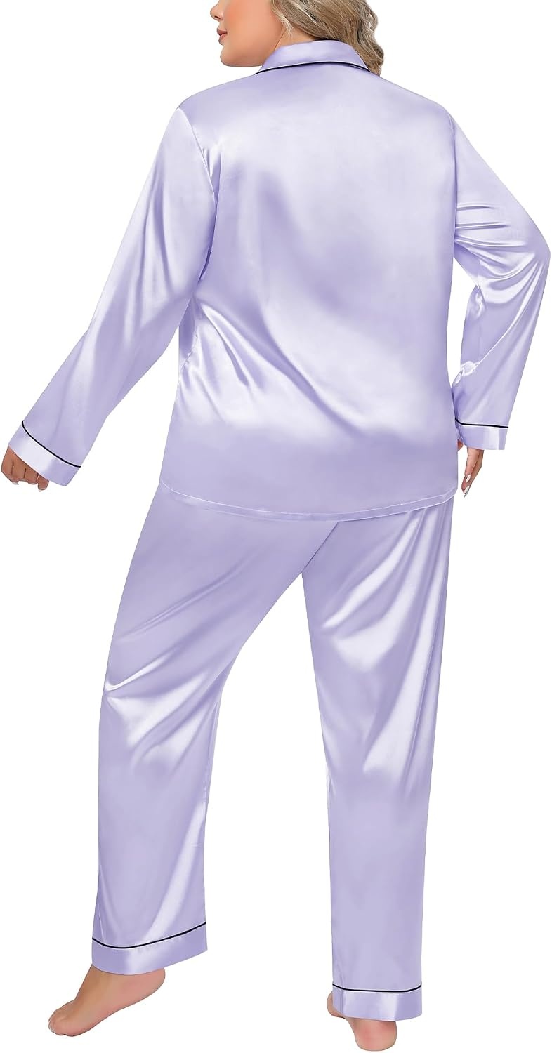 image:imageSWOMOG Women Plus Size Long Sleeve Pajamas Silk Satin Pajama Sets Button Down Sleepwear Pjs Loungewear with PocketsLavender
