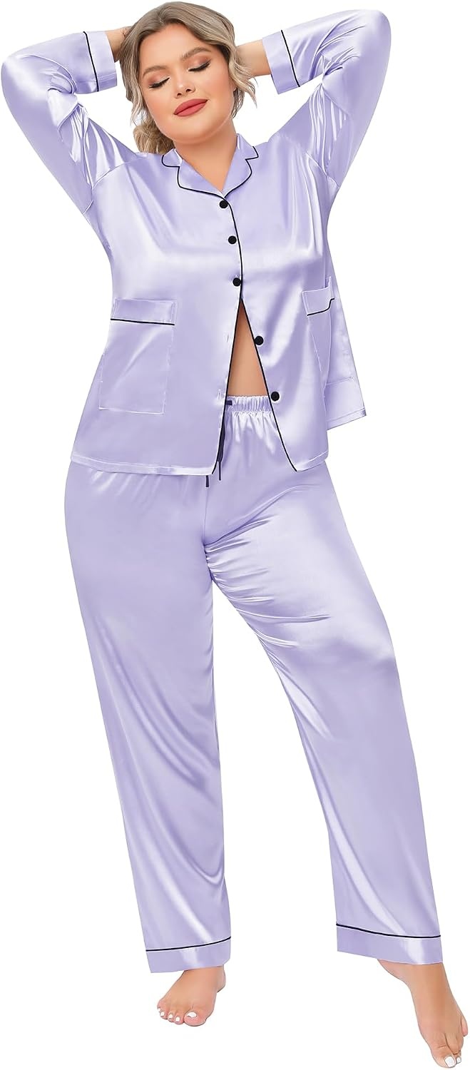 image:imageSWOMOG Women Plus Size Long Sleeve Pajamas Silk Satin Pajama Sets Button Down Sleepwear Pjs Loungewear with PocketsLavender