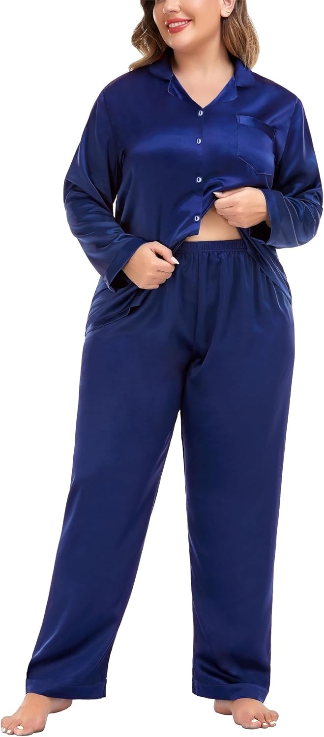 image:imageSWOMOG Women Plus Size Long Sleeve Pajamas Silk Satin Pajama Sets Button Down Sleepwear Pjs Loungewear with PocketsMidnight Blue