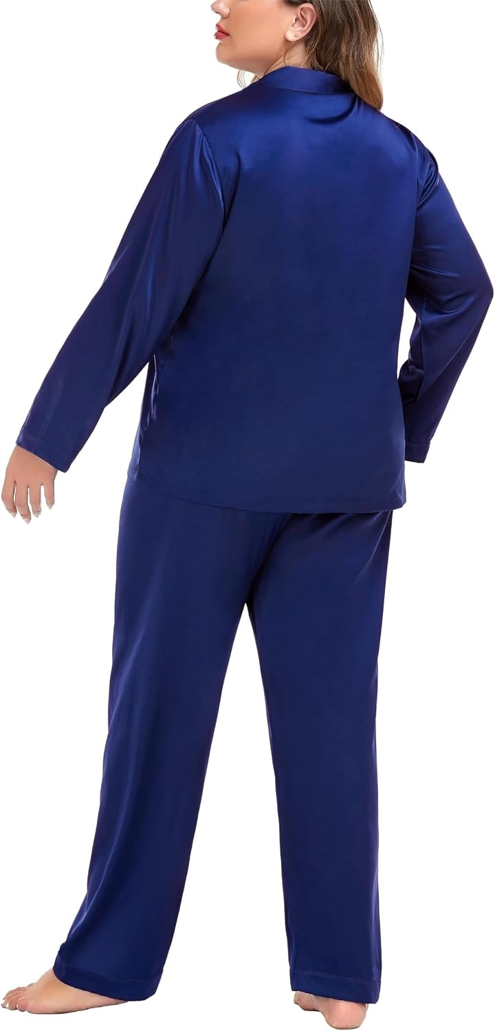 image:imageSWOMOG Women Plus Size Long Sleeve Pajamas Silk Satin Pajama Sets Button Down Sleepwear Pjs Loungewear with PocketsMidnight Blue