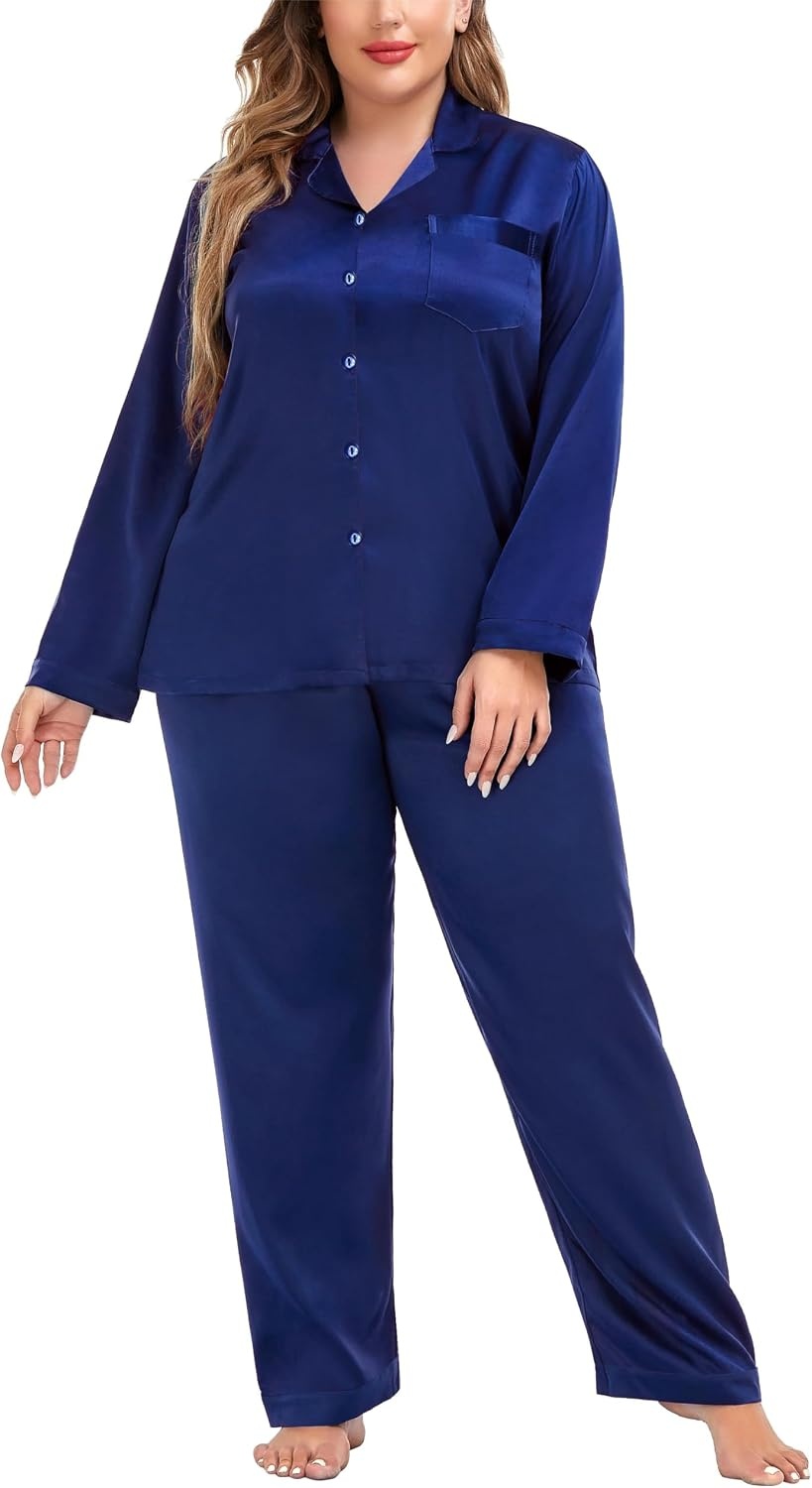 image:imageSWOMOG Women Plus Size Long Sleeve Pajamas Silk Satin Pajama Sets Button Down Sleepwear Pjs Loungewear with PocketsMidnight Blue