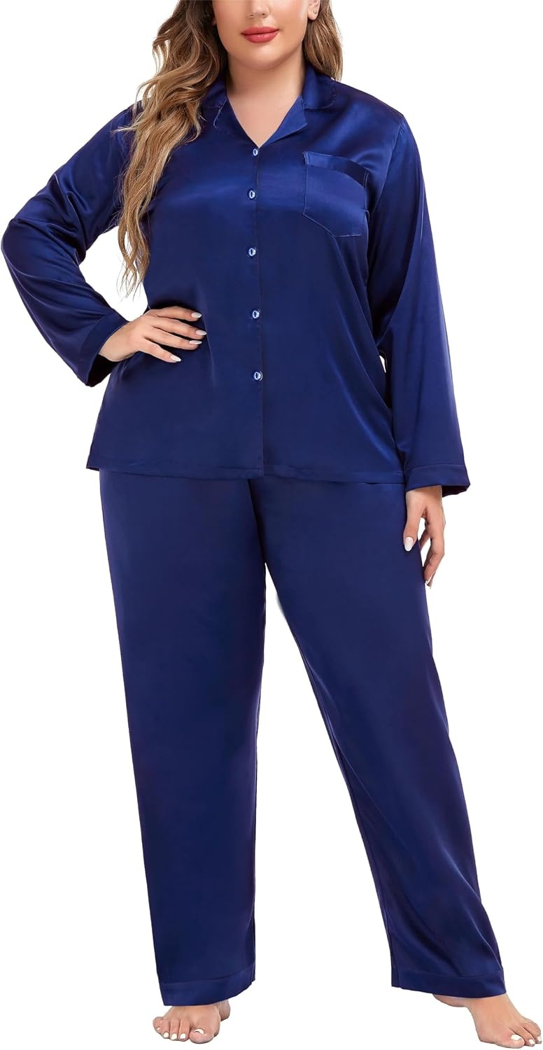 image:imageSWOMOG Women Plus Size Long Sleeve Pajamas Silk Satin Pajama Sets Button Down Sleepwear Pjs Loungewear with PocketsMidnight Blue