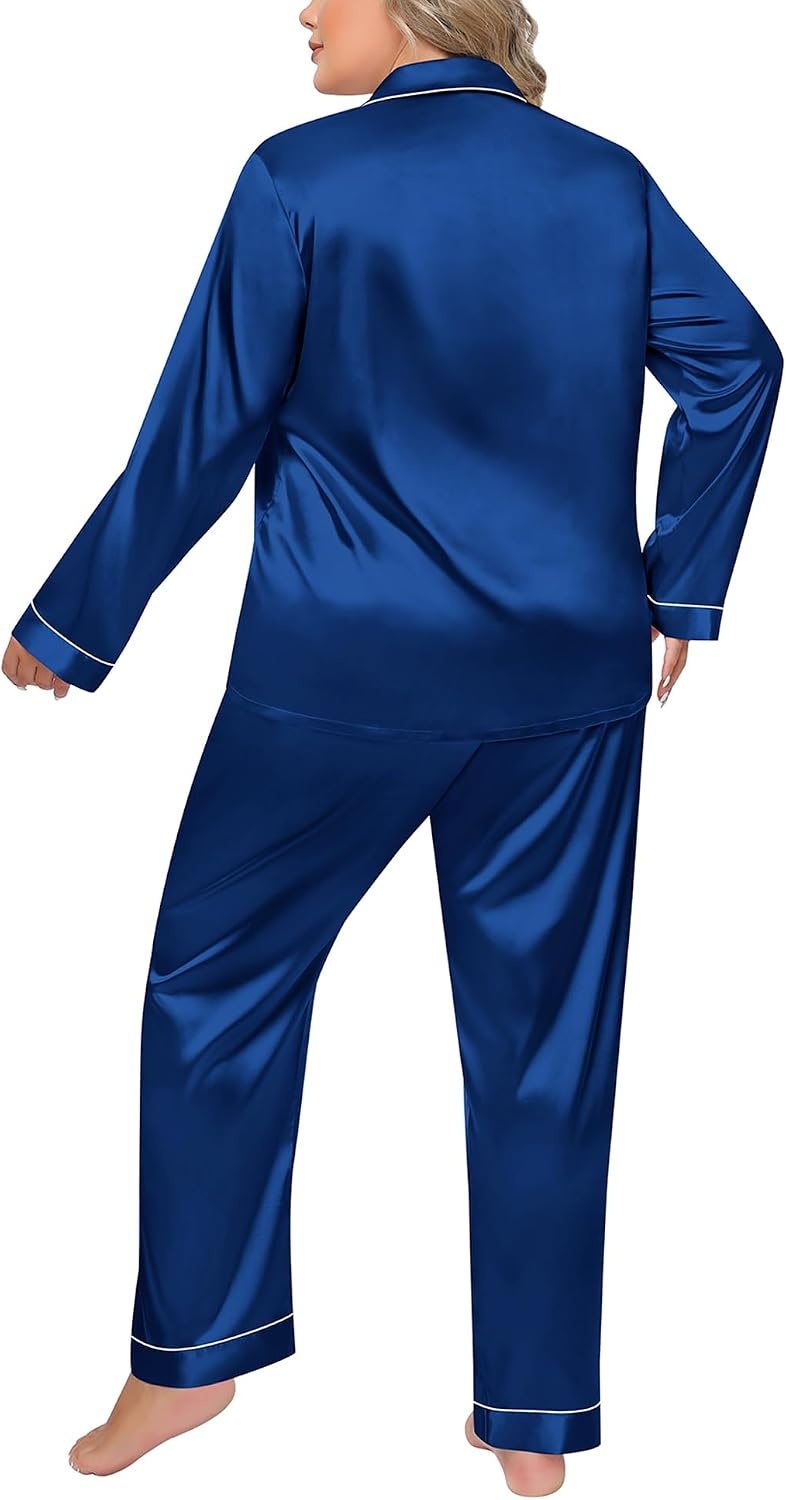 image:imageSWOMOG Women Plus Size Long Sleeve Pajamas Silk Satin Pajama Sets Button Down Sleepwear Pjs Loungewear with PocketsNavy Blue