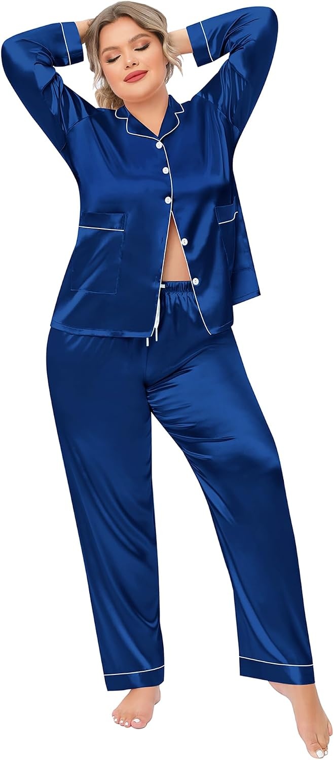 image:imageSWOMOG Women Plus Size Long Sleeve Pajamas Silk Satin Pajama Sets Button Down Sleepwear Pjs Loungewear with PocketsNavy Blue