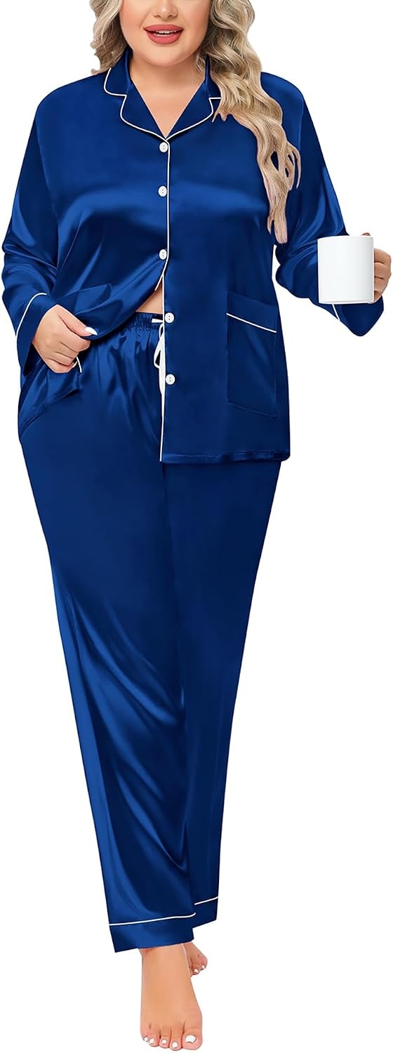 image:imageSWOMOG Women Plus Size Long Sleeve Pajamas Silk Satin Pajama Sets Button Down Sleepwear Pjs Loungewear with PocketsNavy Blue
