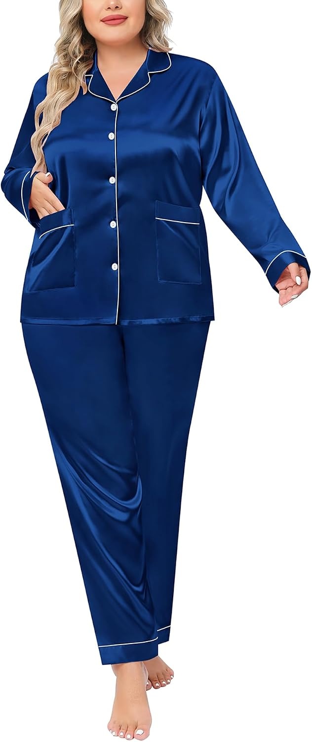image:imageSWOMOG Women Plus Size Long Sleeve Pajamas Silk Satin Pajama Sets Button Down Sleepwear Pjs Loungewear with PocketsNavy Blue