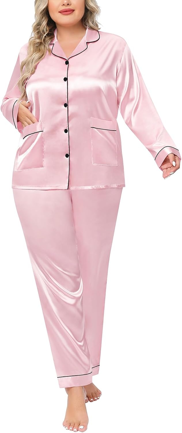 image:imageSWOMOG Women Plus Size Long Sleeve Pajamas Silk Satin Pajama Sets Button Down Sleepwear Pjs Loungewear with PocketsPink