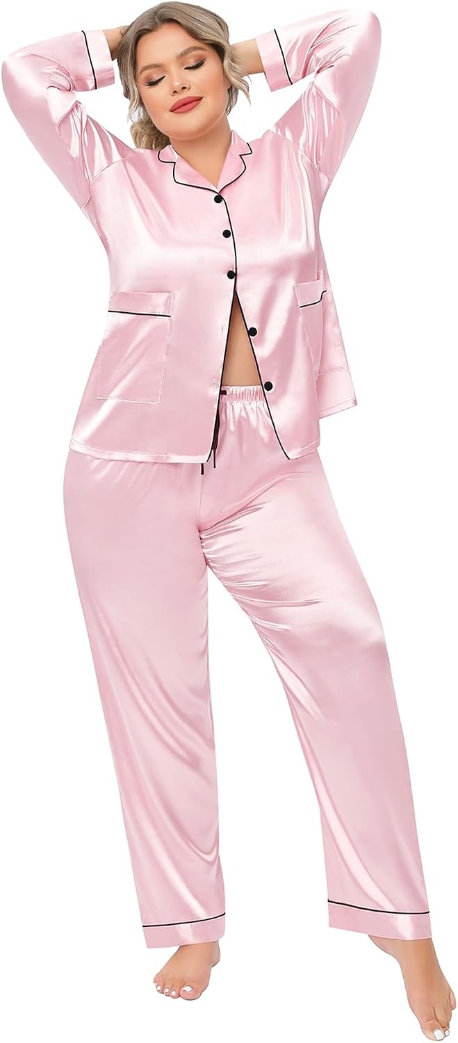 image:imageSWOMOG Women Plus Size Long Sleeve Pajamas Silk Satin Pajama Sets Button Down Sleepwear Pjs Loungewear with PocketsPink