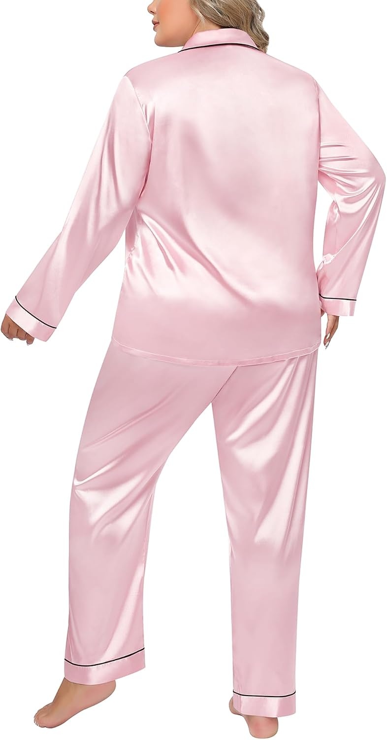 image:imageSWOMOG Women Plus Size Long Sleeve Pajamas Silk Satin Pajama Sets Button Down Sleepwear Pjs Loungewear with PocketsPink