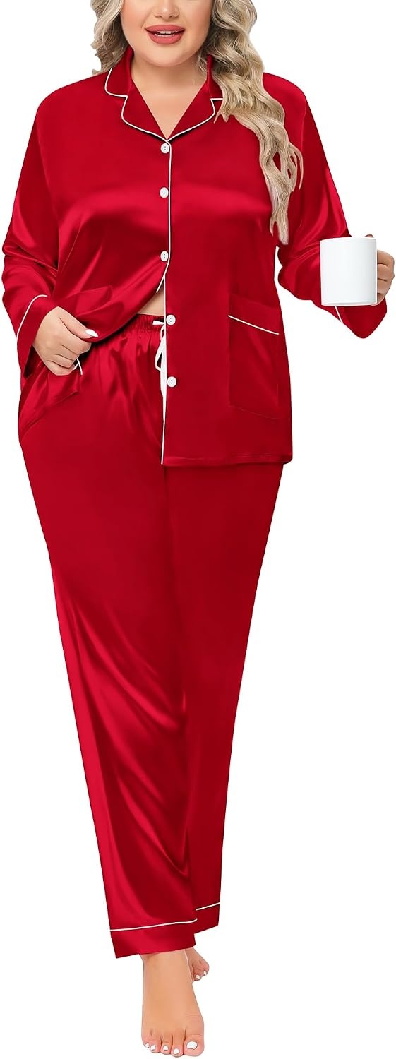 image:imageSWOMOG Women Plus Size Long Sleeve Pajamas Silk Satin Pajama Sets Button Down Sleepwear Pjs Loungewear with PocketsRed