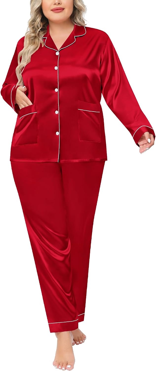image:imageSWOMOG Women Plus Size Long Sleeve Pajamas Silk Satin Pajama Sets Button Down Sleepwear Pjs Loungewear with PocketsRed