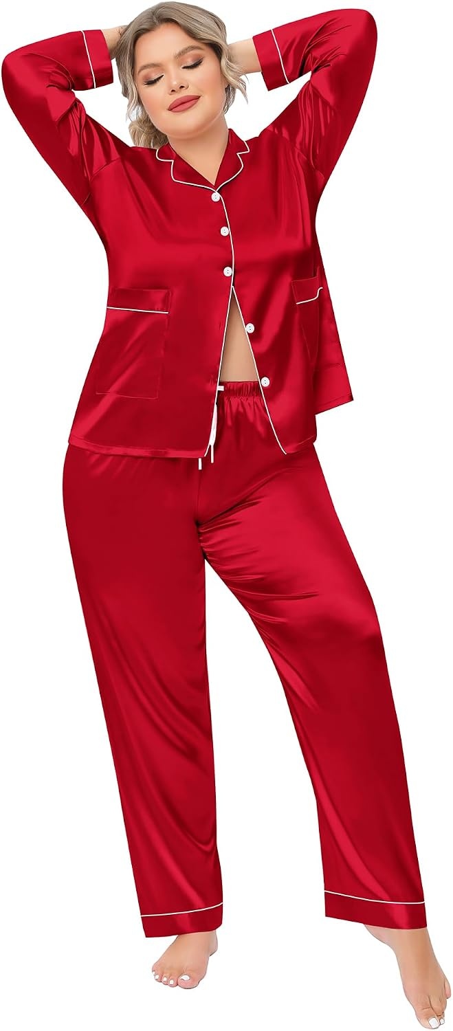 image:imageSWOMOG Women Plus Size Long Sleeve Pajamas Silk Satin Pajama Sets Button Down Sleepwear Pjs Loungewear with PocketsRed