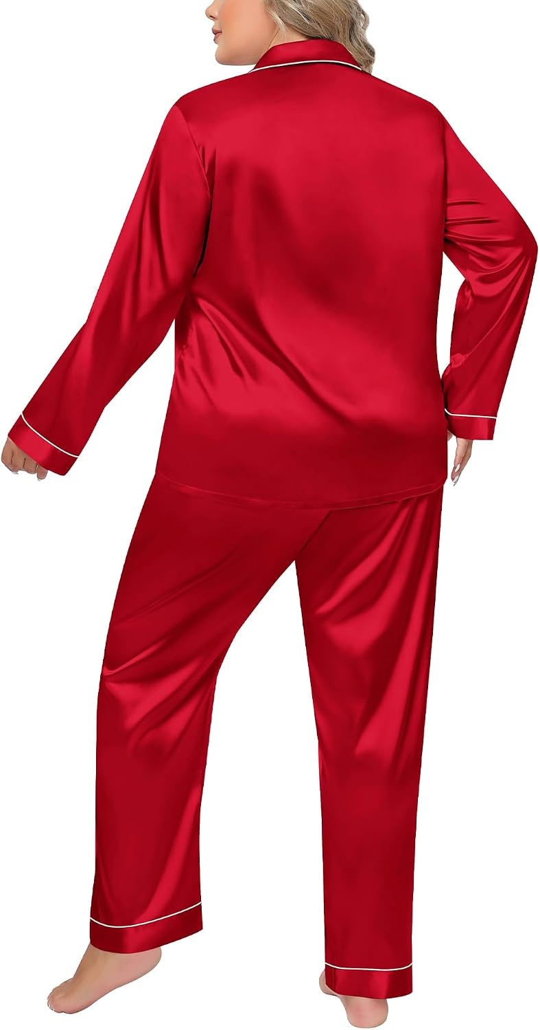 image:imageSWOMOG Women Plus Size Long Sleeve Pajamas Silk Satin Pajama Sets Button Down Sleepwear Pjs Loungewear with PocketsRed