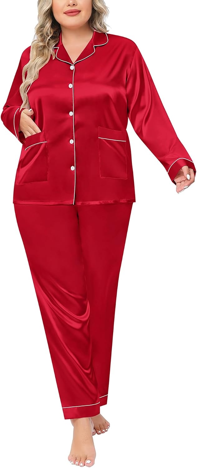 image:imageSWOMOG Women Plus Size Long Sleeve Pajamas Silk Satin Pajama Sets Button Down Sleepwear Pjs Loungewear with PocketsRed Apple