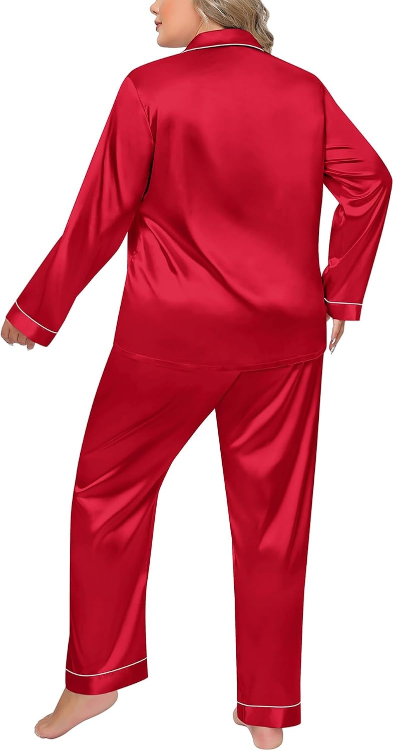 image:imageSWOMOG Women Plus Size Long Sleeve Pajamas Silk Satin Pajama Sets Button Down Sleepwear Pjs Loungewear with PocketsRed Apple
