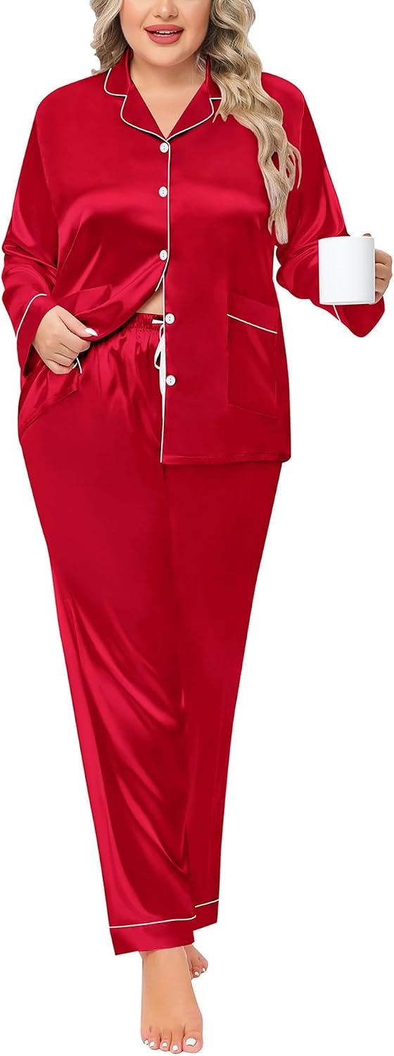 image:imageSWOMOG Women Plus Size Long Sleeve Pajamas Silk Satin Pajama Sets Button Down Sleepwear Pjs Loungewear with PocketsRed Apple
