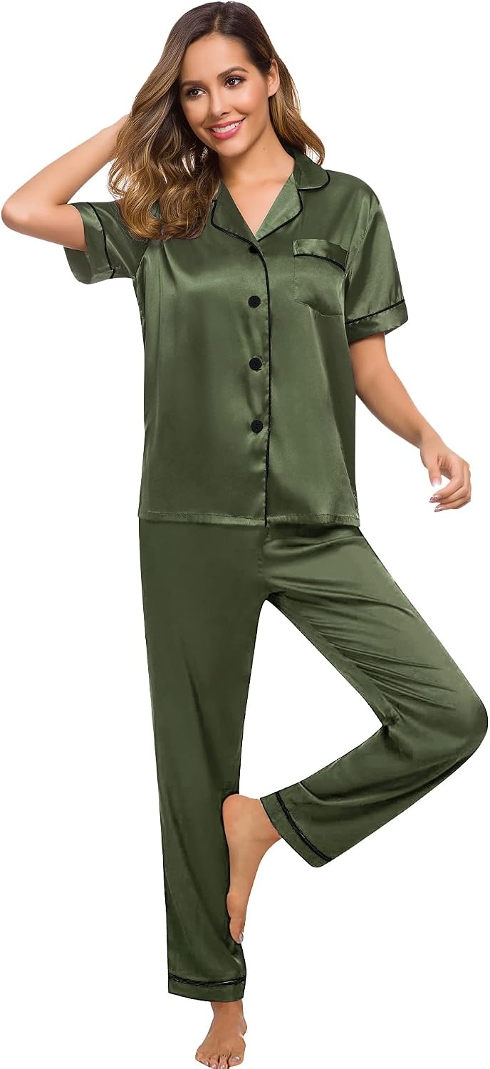 image:imageSWOMOG Women Satin Pajamas Set Short Sleeve Top amp Pants Sleepwear Silky Button Down Nightwear 2pcs Loungewear Pjs SetOlive Green