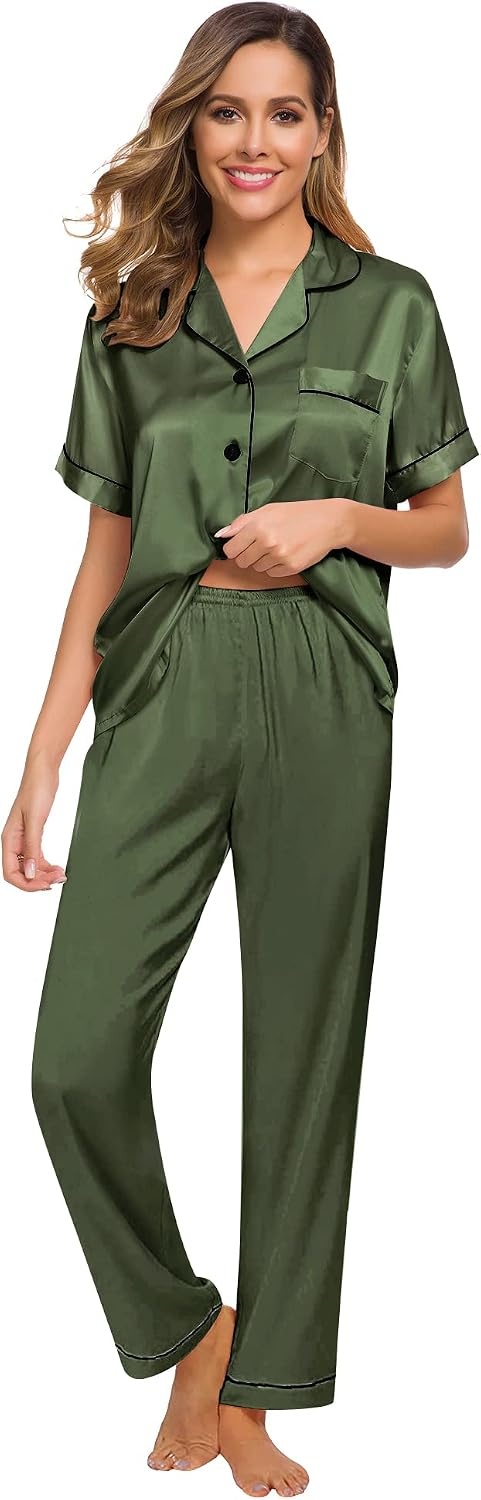 image:imageSWOMOG Women Satin Pajamas Set Short Sleeve Top amp Pants Sleepwear Silky Button Down Nightwear 2pcs Loungewear Pjs SetOlive Green