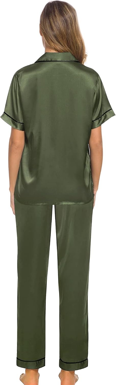 image:imageSWOMOG Women Satin Pajamas Set Short Sleeve Top amp Pants Sleepwear Silky Button Down Nightwear 2pcs Loungewear Pjs SetOlive Green