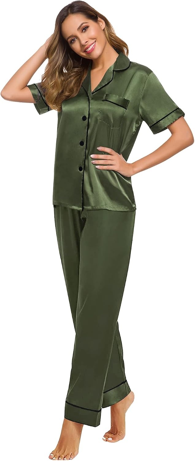 image:imageSWOMOG Women Satin Pajamas Set Short Sleeve Top amp Pants Sleepwear Silky Button Down Nightwear 2pcs Loungewear Pjs SetOlive Green
