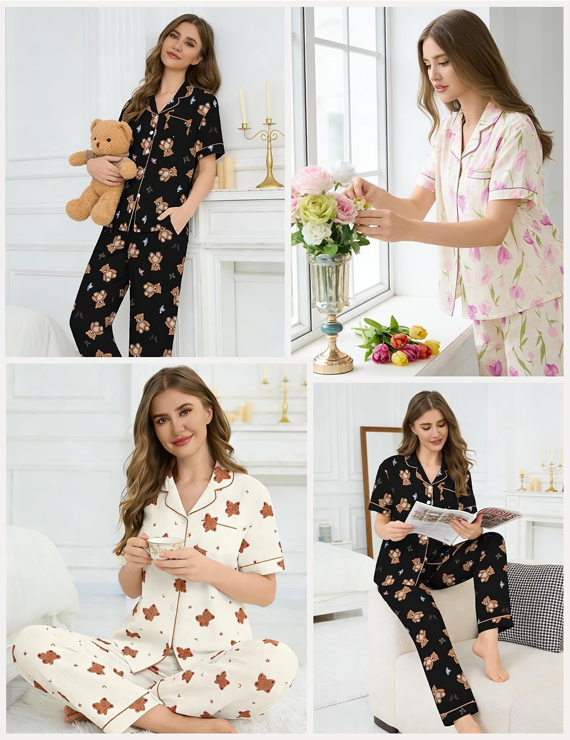 image:imageSWOMOG Womens 2 Piece Pajamas Sets Shorts Sleeve Pajamas Cute Pj Set Lounge Matching Pjs Button Shirt with Long PantsBlack Brown Bear