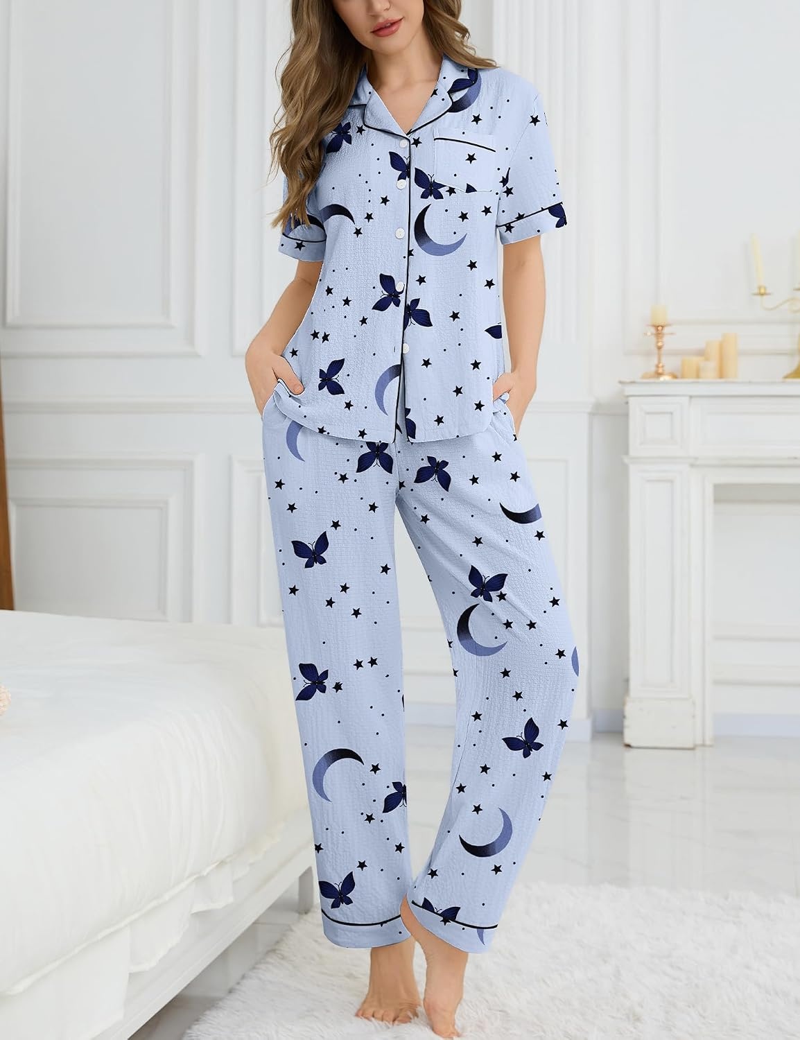 image:imageSWOMOG Womens 2 Piece Pajamas Sets Shorts Sleeve Pajamas Cute Pj Set Lounge Matching Pjs Button Shirt with Long PantsBlue Butterfly