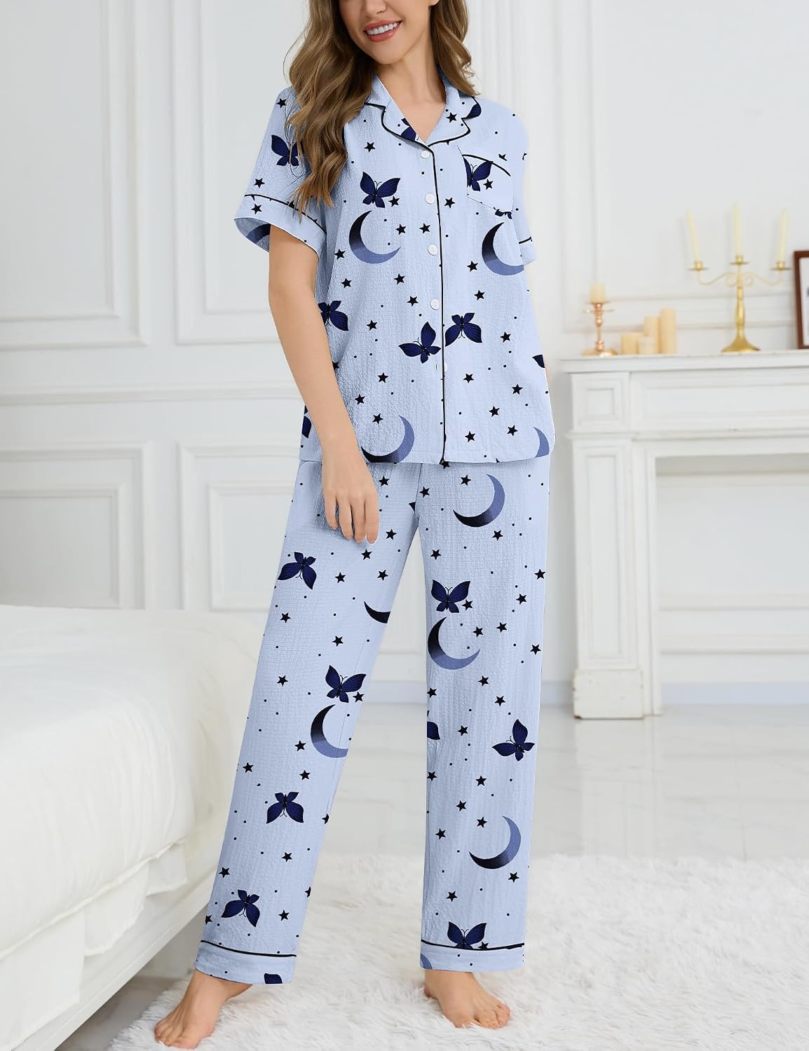 image:imageSWOMOG Womens 2 Piece Pajamas Sets Shorts Sleeve Pajamas Cute Pj Set Lounge Matching Pjs Button Shirt with Long PantsBlue Butterfly
