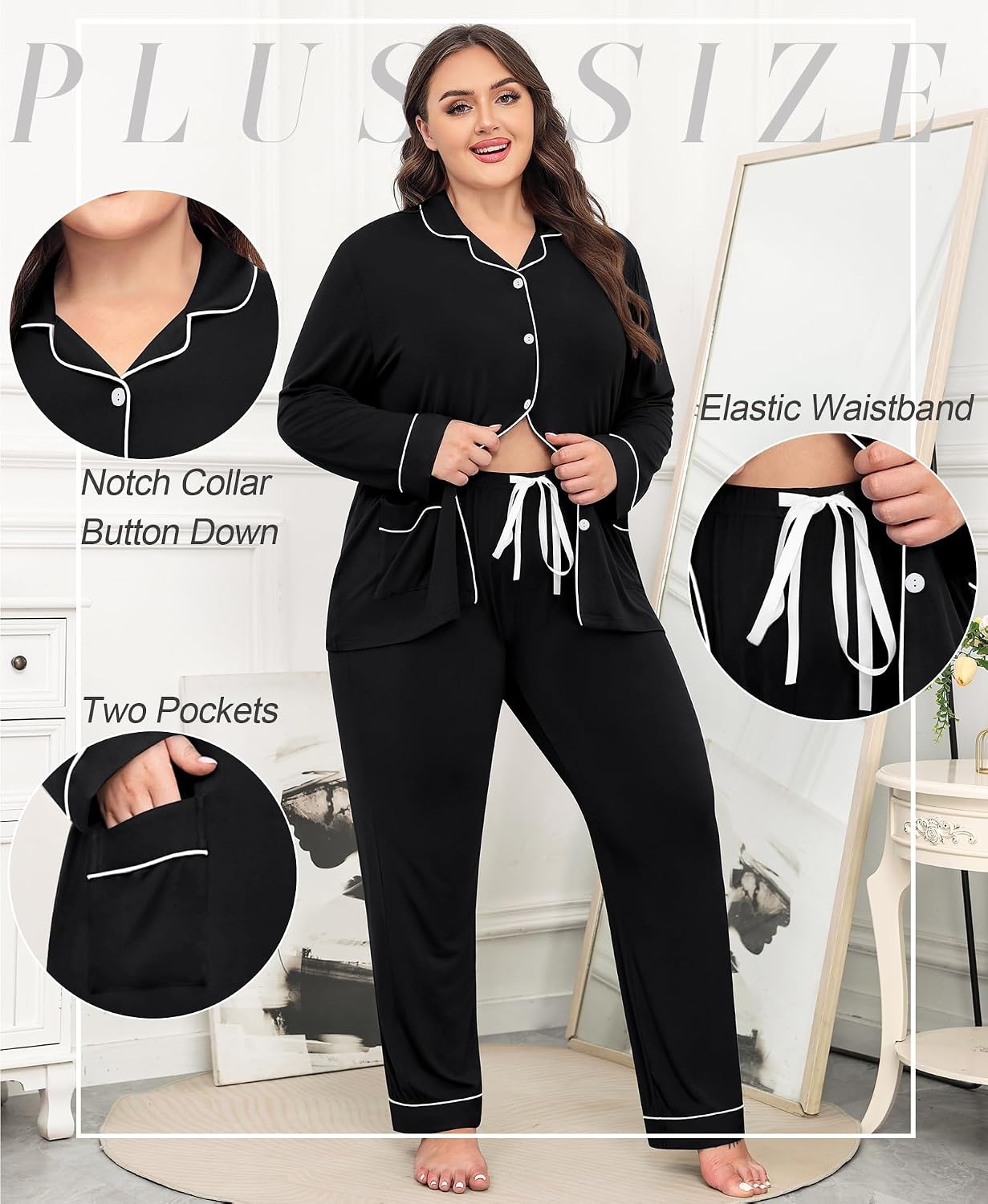 image:imageSWOMOG Womens Plus Size Pajamas Set with 2 Pockets Long Sleeve Button Down Sleepwear Soft PJs Pants Postpartum Lounge SetsBlack