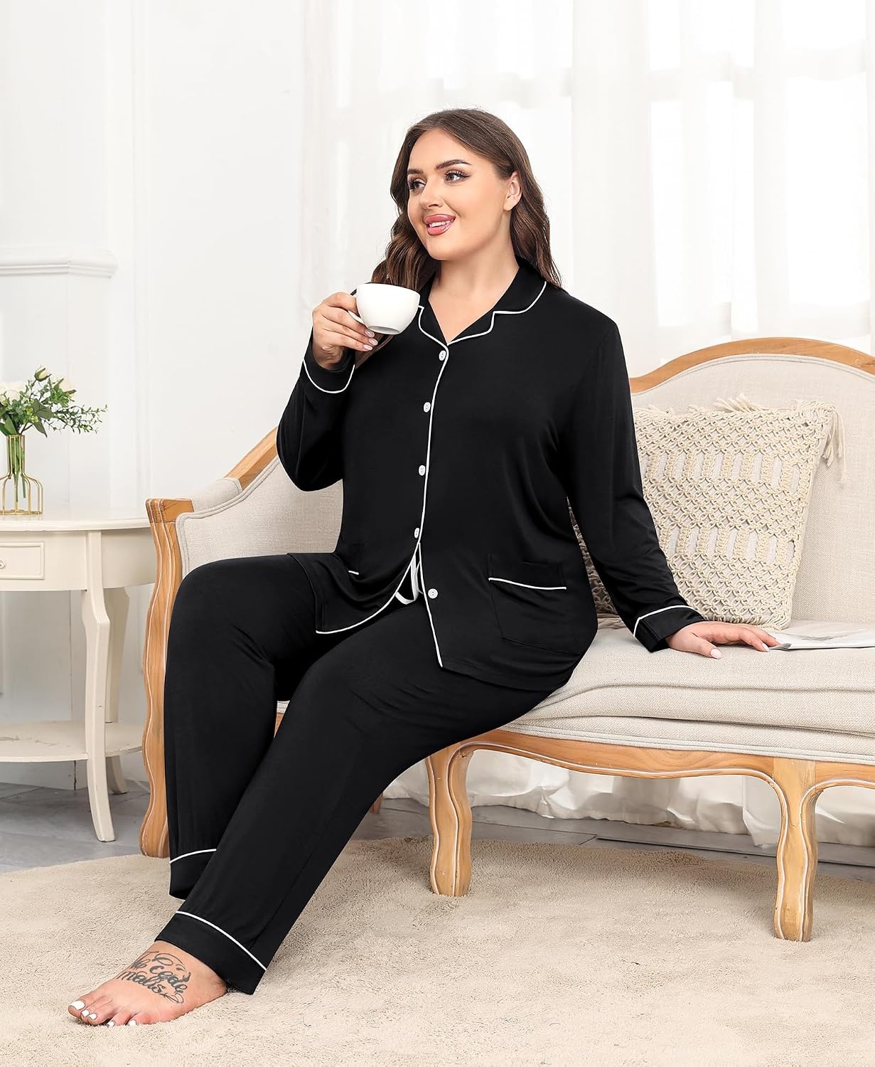 image:imageSWOMOG Womens Plus Size Pajamas Set with 2 Pockets Long Sleeve Button Down Sleepwear Soft PJs Pants Postpartum Lounge SetsBlack