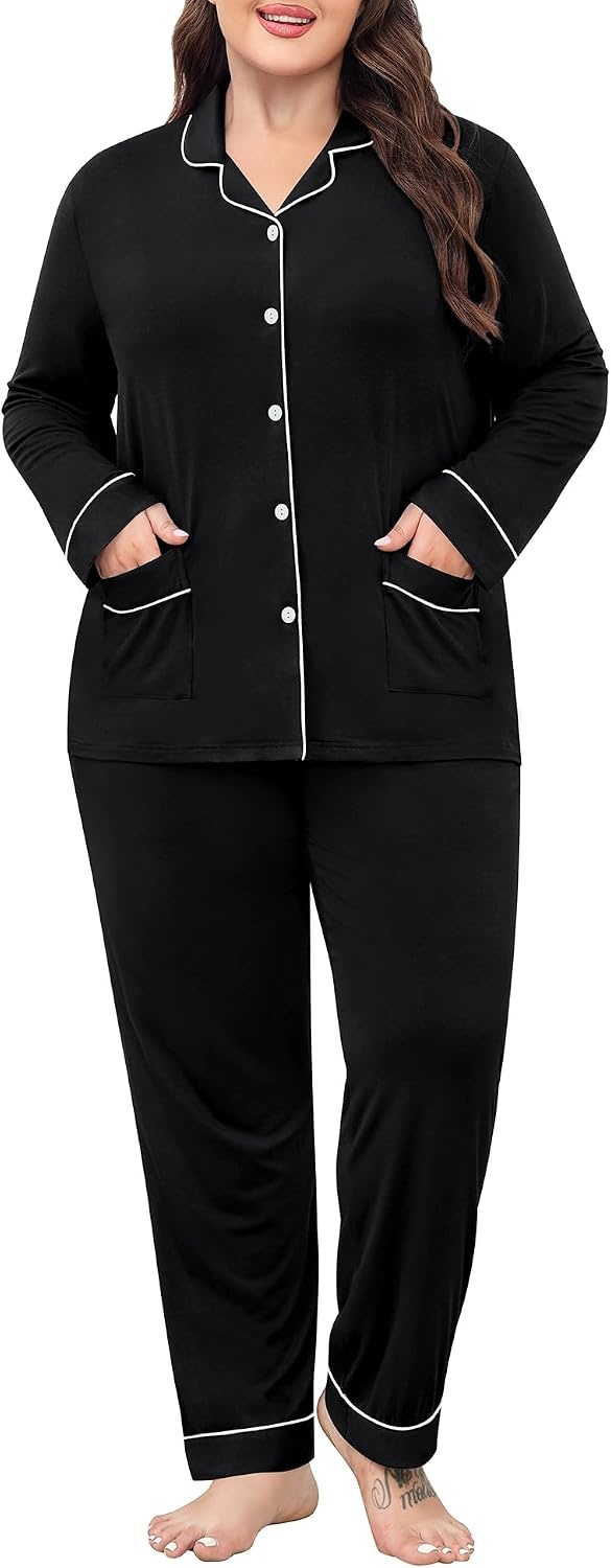 image:imageSWOMOG Womens Plus Size Pajamas Set with 2 Pockets Long Sleeve Button Down Sleepwear Soft PJs Pants Postpartum Lounge SetsBlack