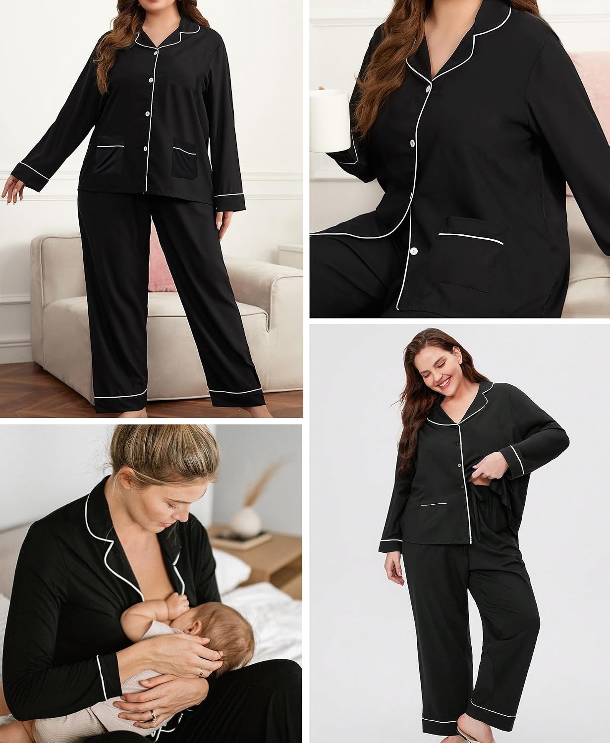 image:imageSWOMOG Womens Plus Size Pajamas Set with 2 Pockets Long Sleeve Button Down Sleepwear Soft PJs Pants Postpartum Lounge SetsBlack