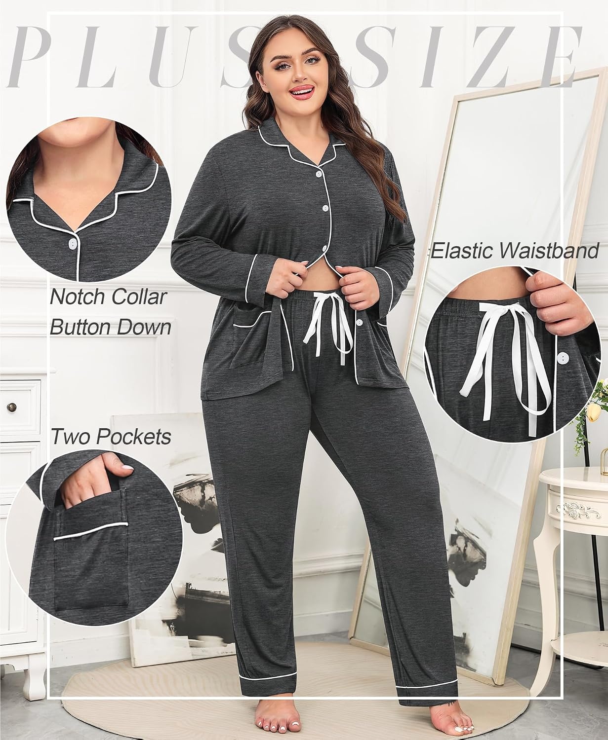 image:imageSWOMOG Womens Plus Size Pajamas Set with 2 Pockets Long Sleeve Button Down Sleepwear Soft PJs Pants Postpartum Lounge SetsDeep Grey