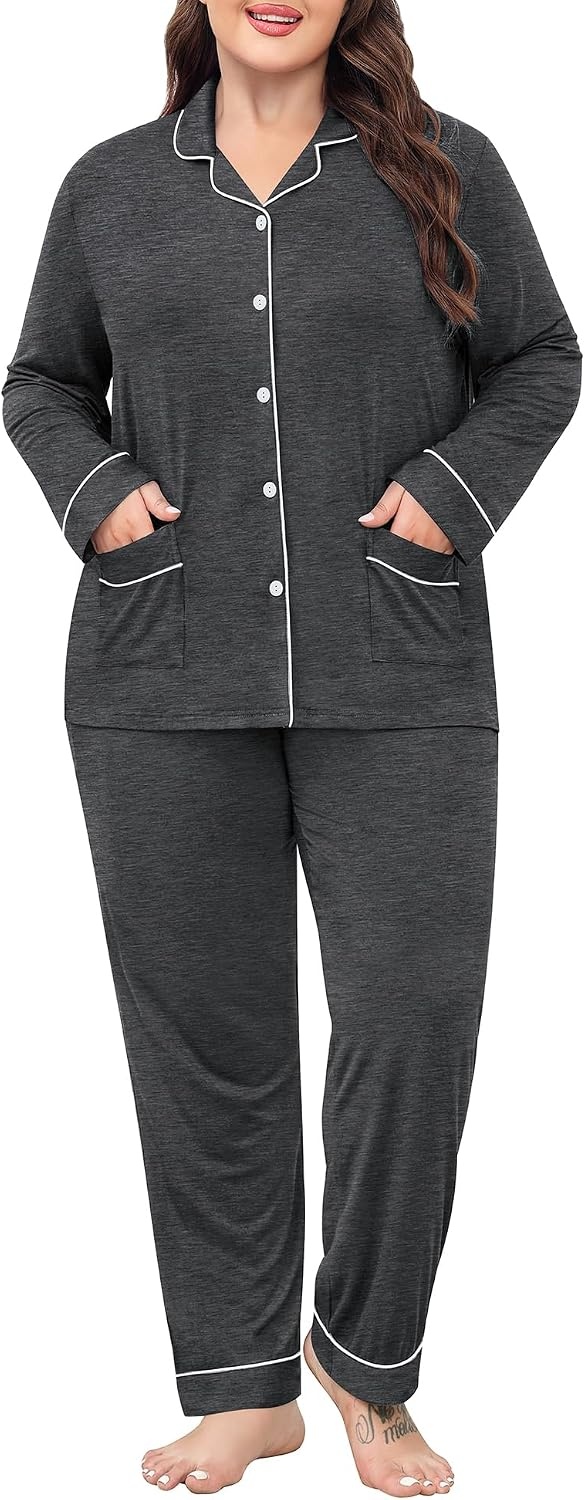 image:imageSWOMOG Womens Plus Size Pajamas Set with 2 Pockets Long Sleeve Button Down Sleepwear Soft PJs Pants Postpartum Lounge SetsDeep Grey