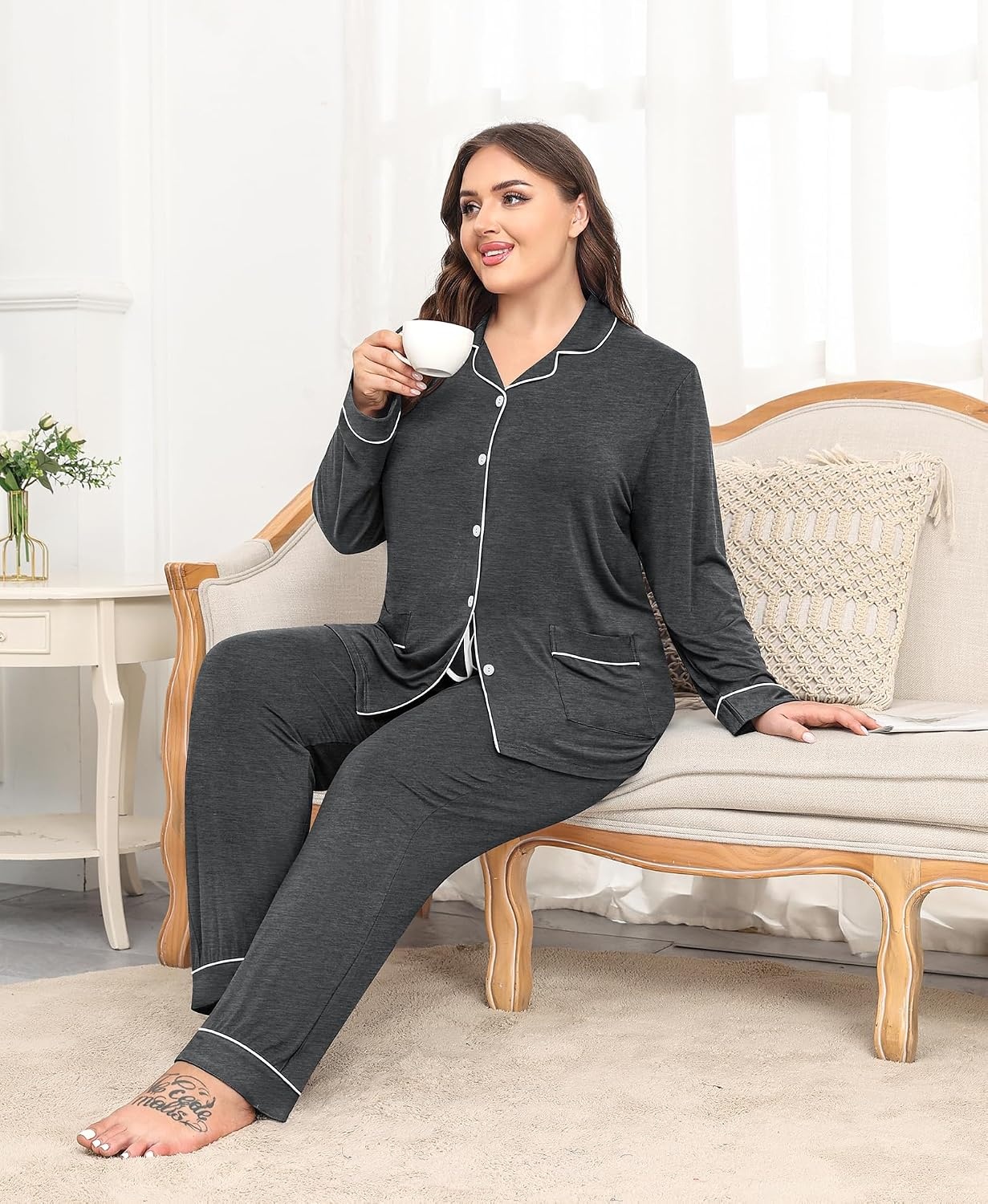 image:imageSWOMOG Womens Plus Size Pajamas Set with 2 Pockets Long Sleeve Button Down Sleepwear Soft PJs Pants Postpartum Lounge SetsDeep Grey
