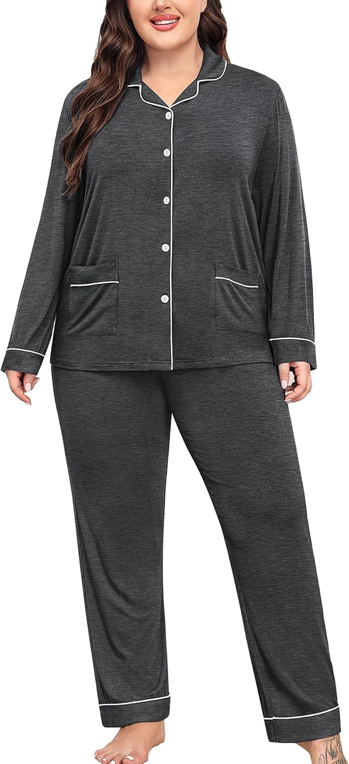 image:imageSWOMOG Womens Plus Size Pajamas Set with 2 Pockets Long Sleeve Button Down Sleepwear Soft PJs Pants Postpartum Lounge SetsDeep Grey