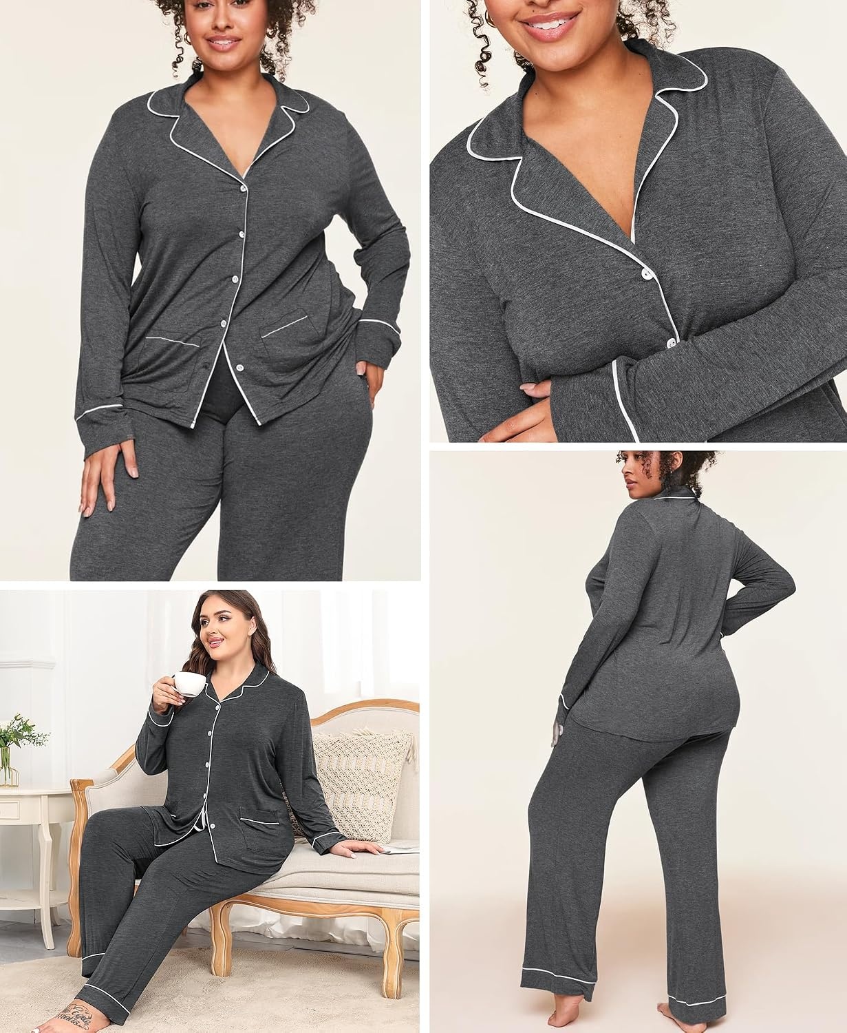 image:imageSWOMOG Womens Plus Size Pajamas Set with 2 Pockets Long Sleeve Button Down Sleepwear Soft PJs Pants Postpartum Lounge SetsDeep Grey