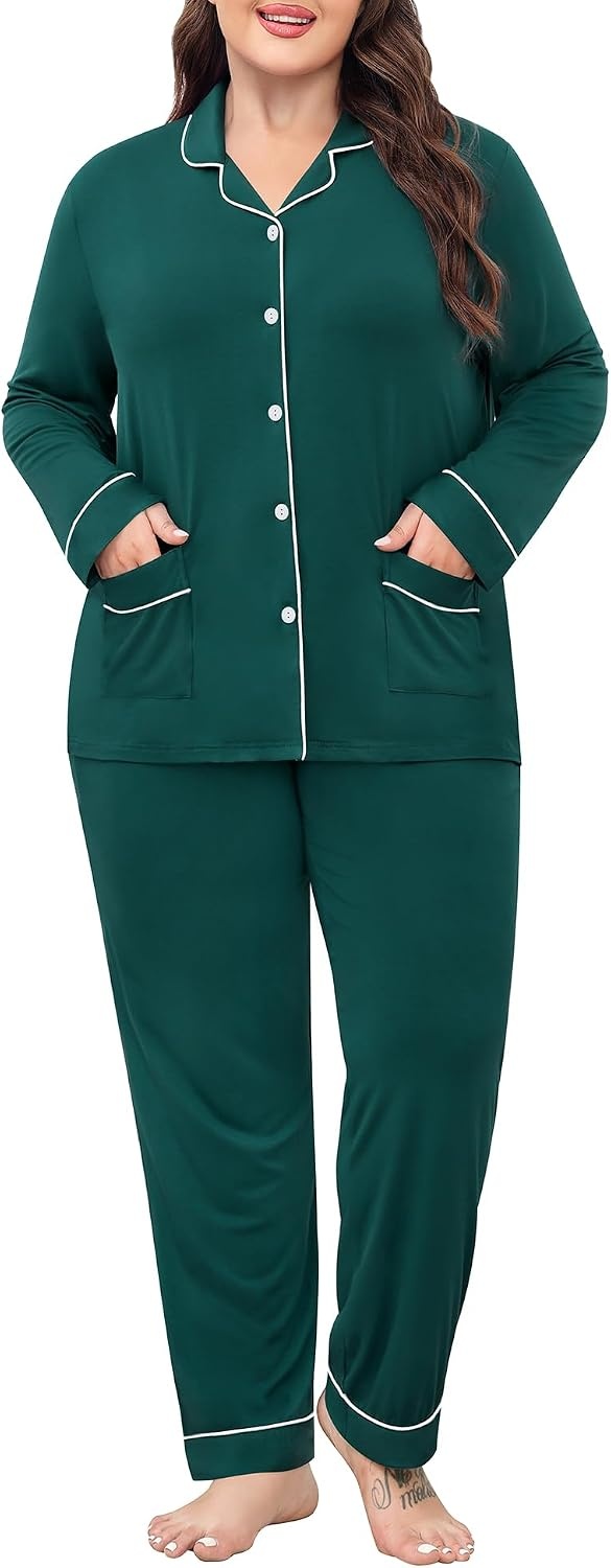 image:imageSWOMOG Womens Plus Size Pajamas Set with 2 Pockets Long Sleeve Button Down Sleepwear Soft PJs Pants Postpartum Lounge SetsGreen