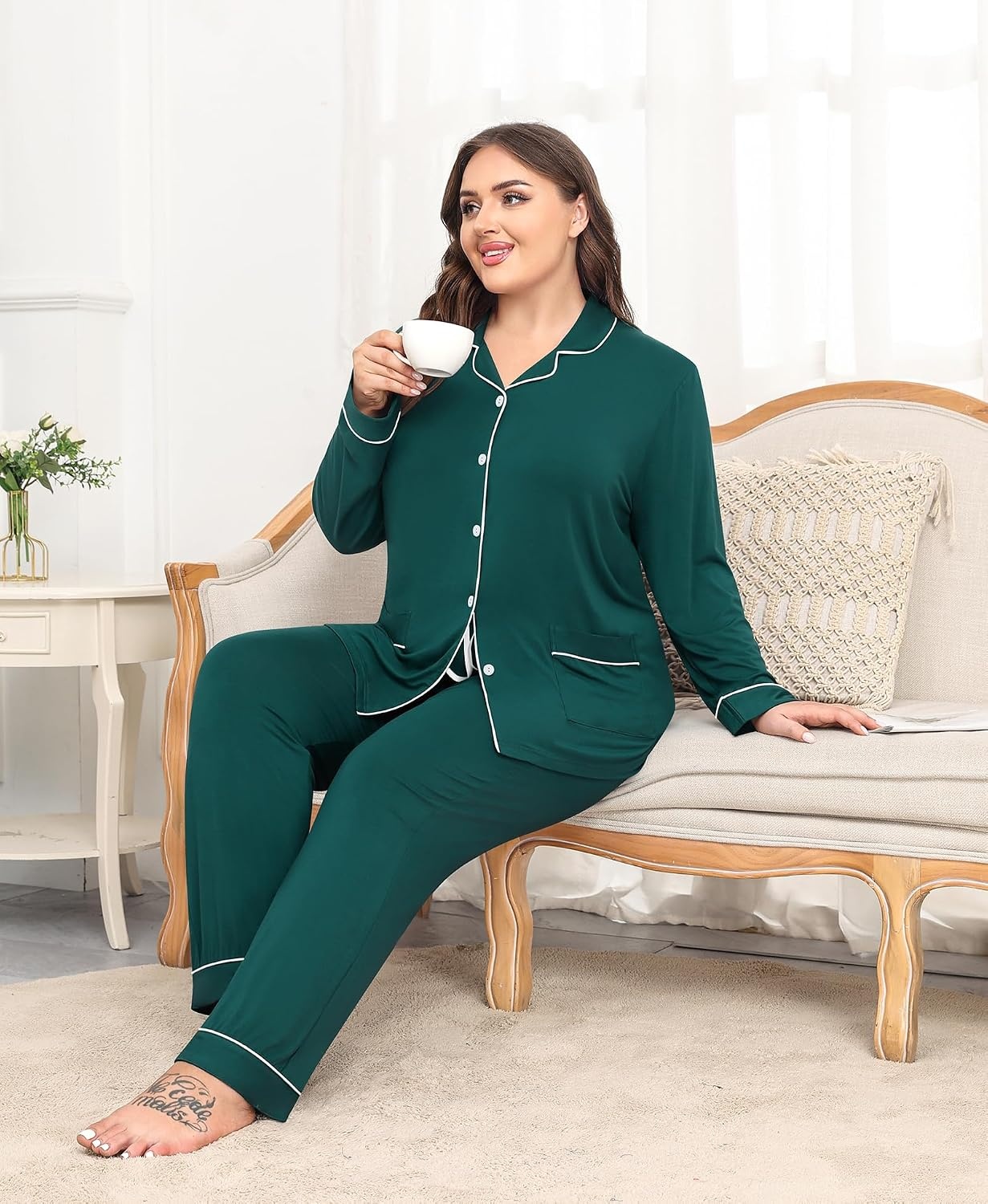 image:imageSWOMOG Womens Plus Size Pajamas Set with 2 Pockets Long Sleeve Button Down Sleepwear Soft PJs Pants Postpartum Lounge SetsGreen