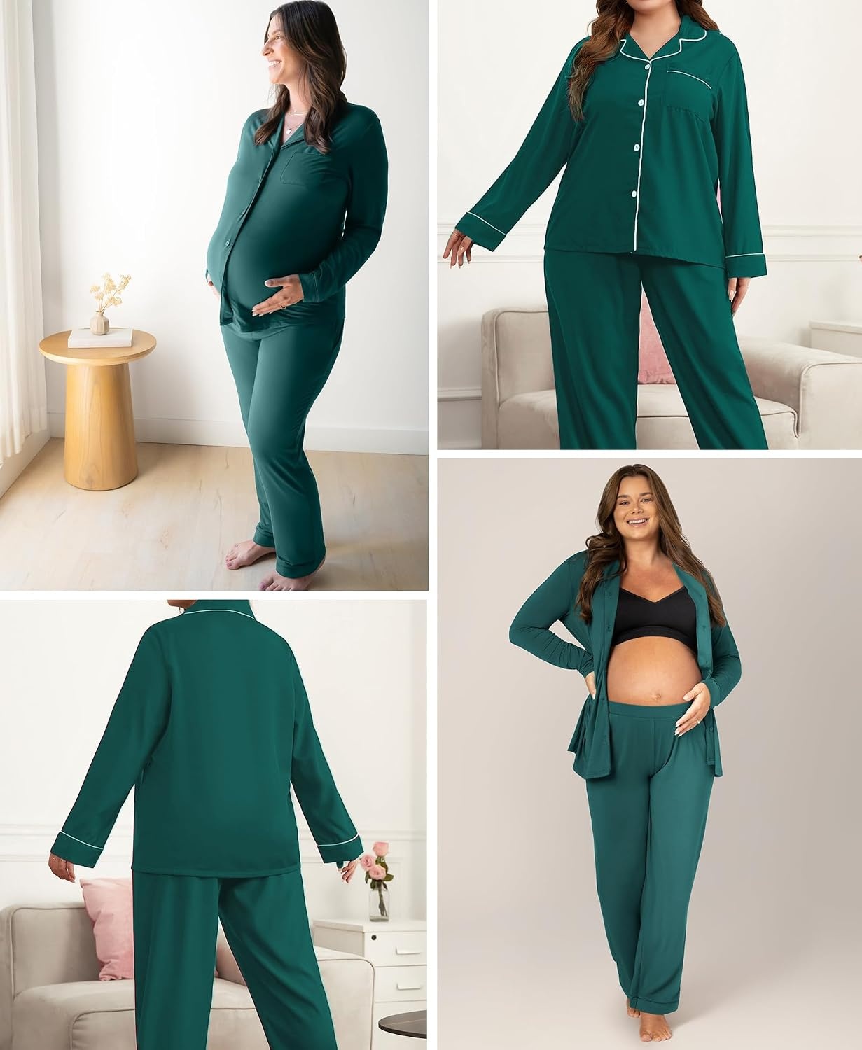 image:imageSWOMOG Womens Plus Size Pajamas Set with 2 Pockets Long Sleeve Button Down Sleepwear Soft PJs Pants Postpartum Lounge SetsGreen