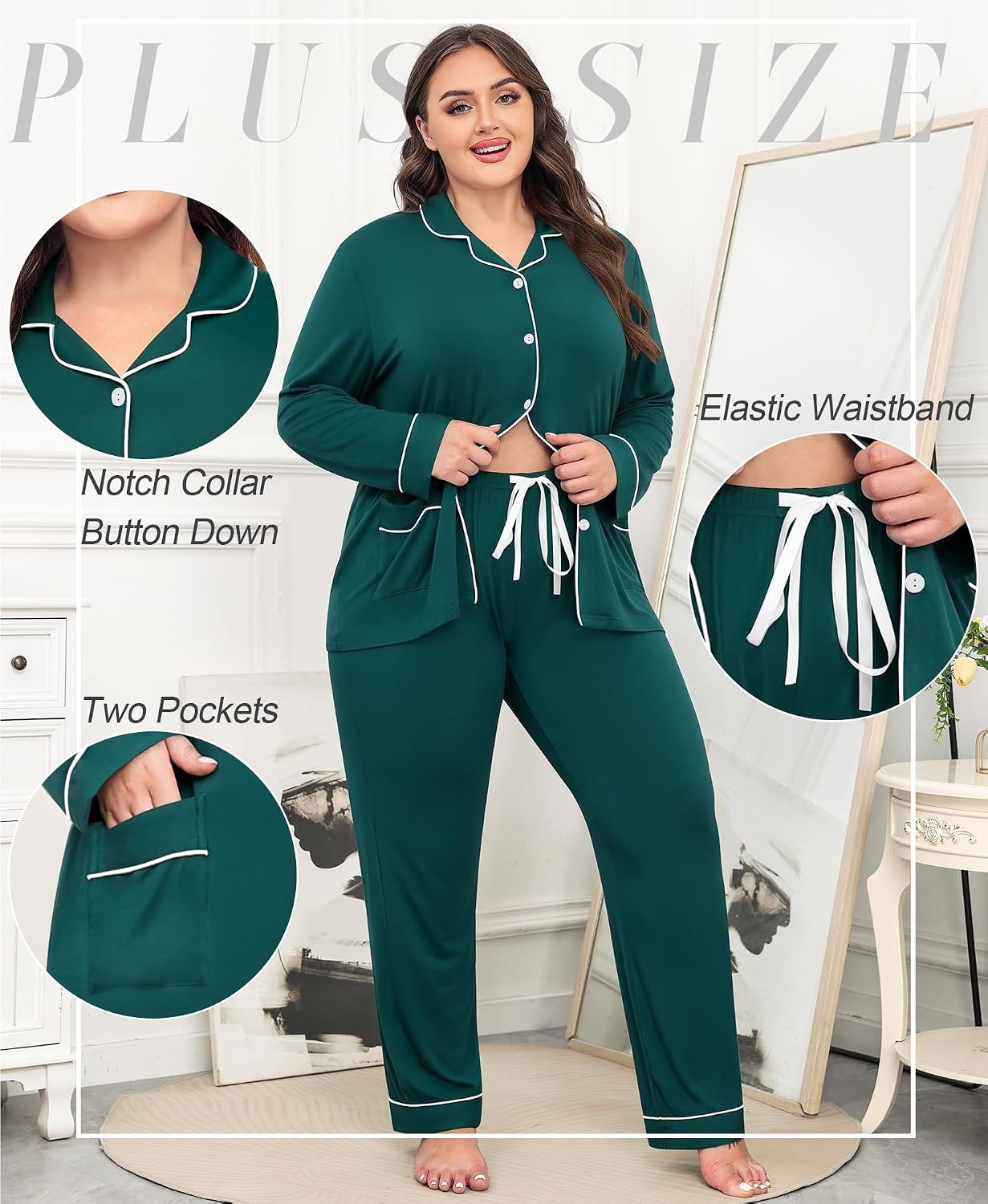 image:imageSWOMOG Womens Plus Size Pajamas Set with 2 Pockets Long Sleeve Button Down Sleepwear Soft PJs Pants Postpartum Lounge SetsGreen