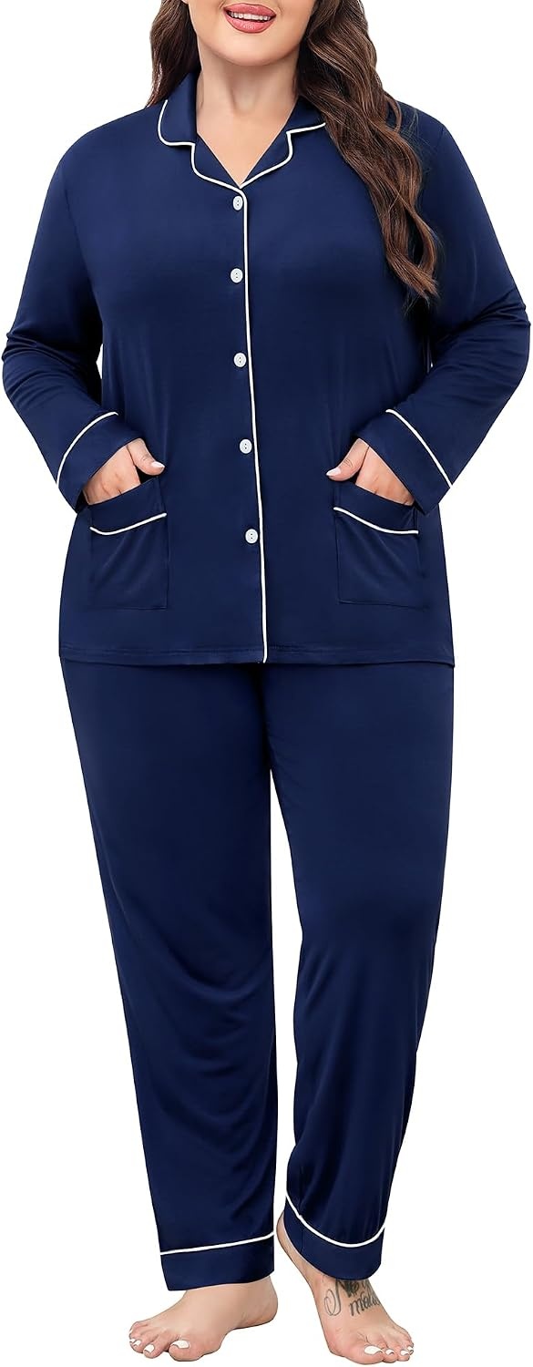 image:imageSWOMOG Womens Plus Size Pajamas Set with 2 Pockets Long Sleeve Button Down Sleepwear Soft PJs Pants Postpartum Lounge SetsNavy Blue