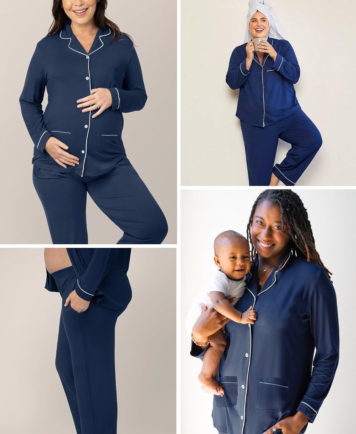 image:imageSWOMOG Womens Plus Size Pajamas Set with 2 Pockets Long Sleeve Button Down Sleepwear Soft PJs Pants Postpartum Lounge SetsNavy Blue