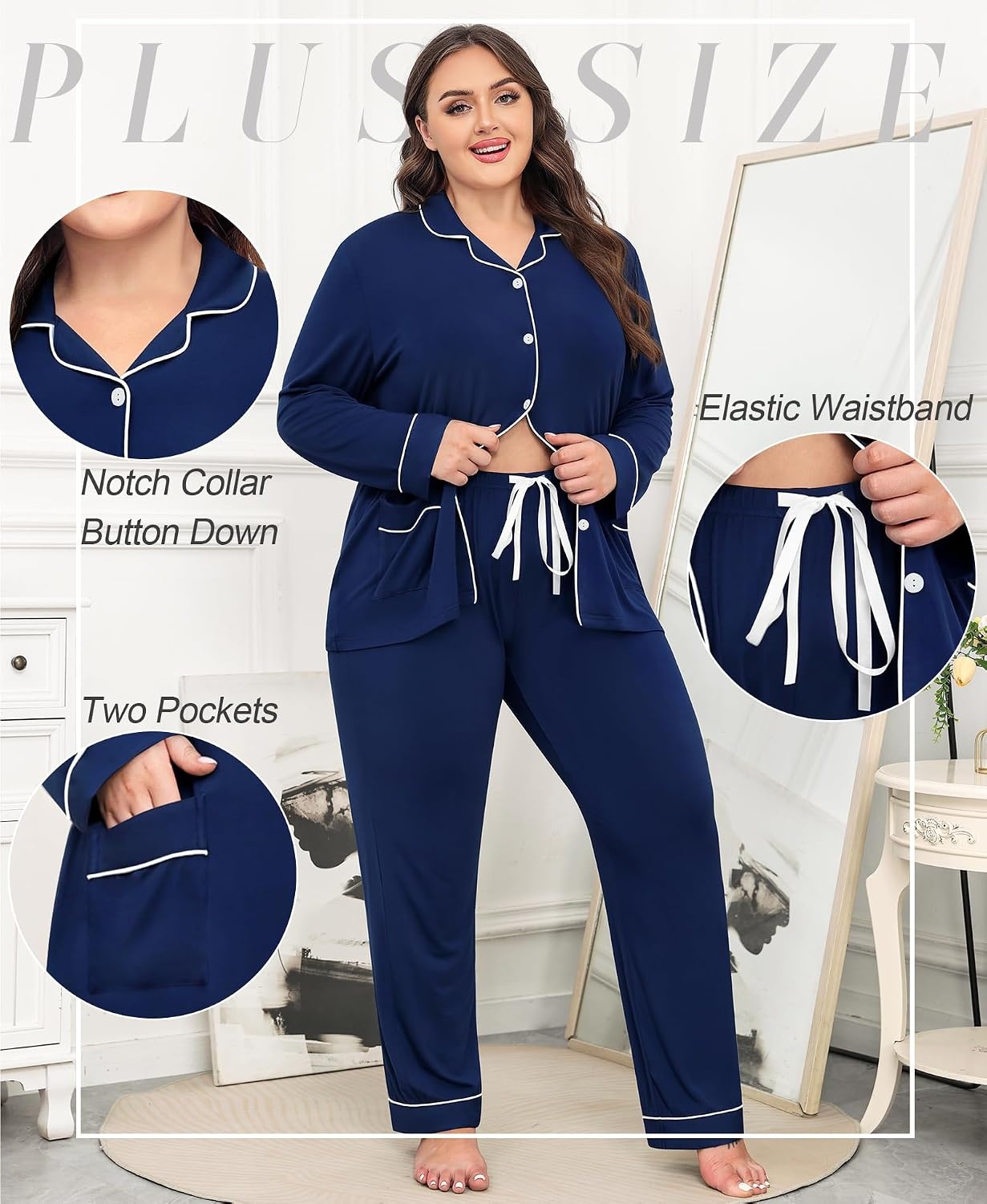 image:imageSWOMOG Womens Plus Size Pajamas Set with 2 Pockets Long Sleeve Button Down Sleepwear Soft PJs Pants Postpartum Lounge SetsNavy Blue