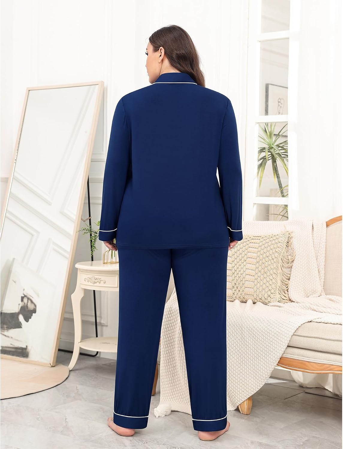 image:imageSWOMOG Womens Plus Size Pajamas Set with 2 Pockets Long Sleeve Button Down Sleepwear Soft PJs Pants Postpartum Lounge SetsNavy Blue