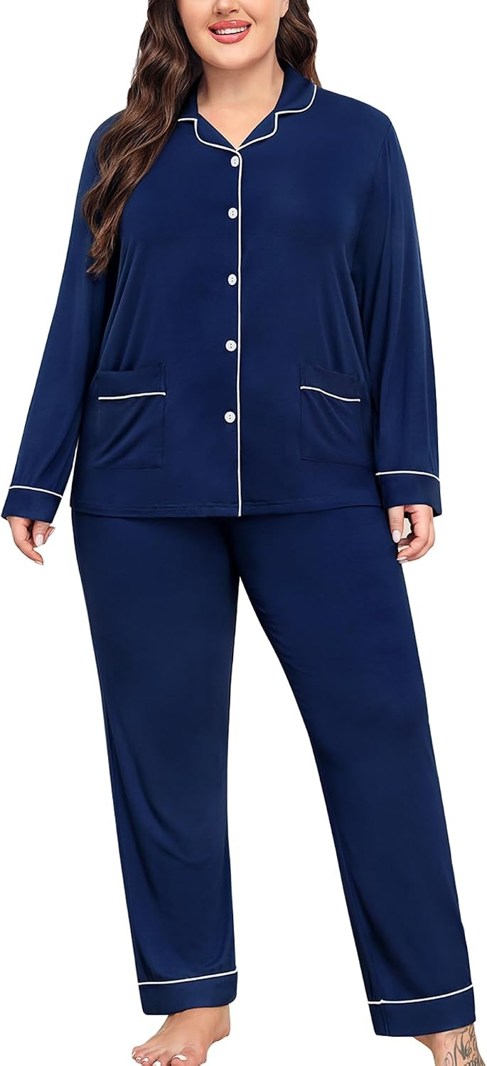 image:imageSWOMOG Womens Plus Size Pajamas Set with 2 Pockets Long Sleeve Button Down Sleepwear Soft PJs Pants Postpartum Lounge SetsNavy Blue