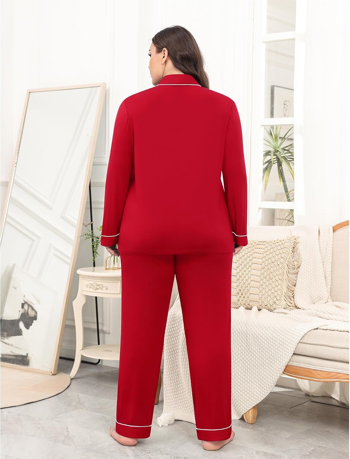 image:imageSWOMOG Womens Plus Size Pajamas Set with 2 Pockets Long Sleeve Button Down Sleepwear Soft PJs Pants Postpartum Lounge SetsRed