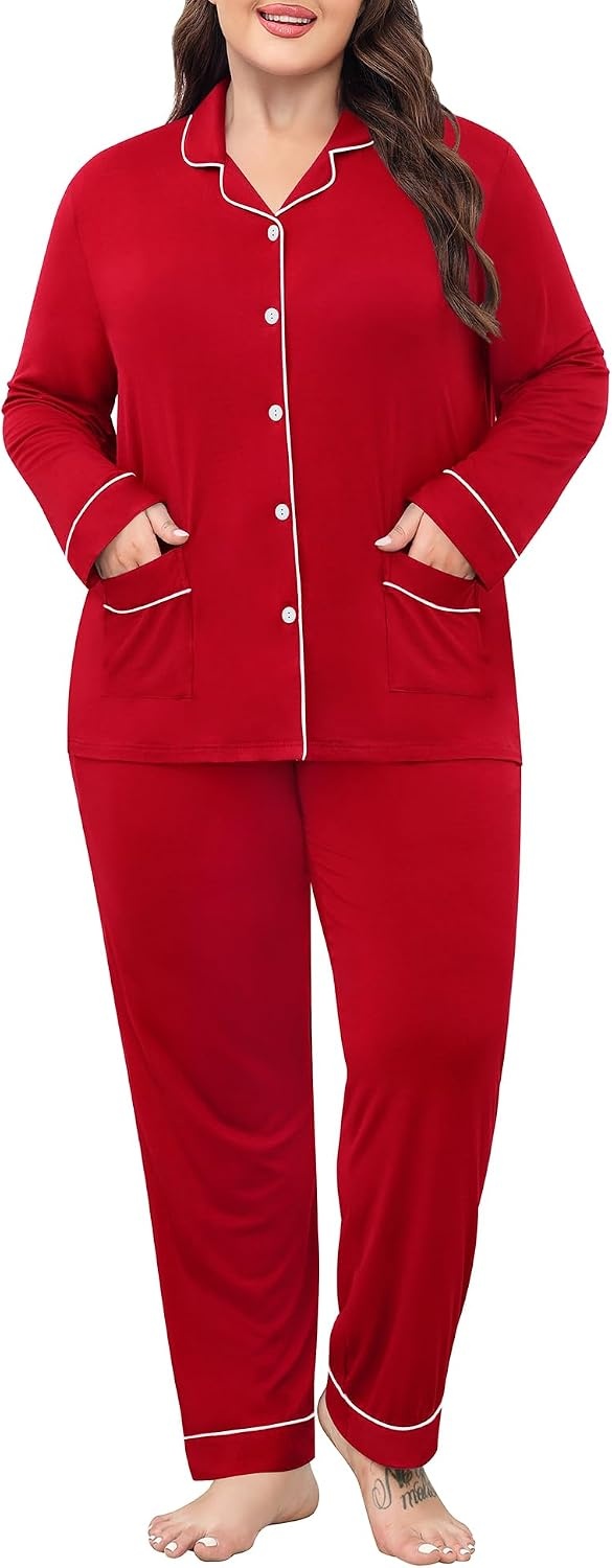 image:imageSWOMOG Womens Plus Size Pajamas Set with 2 Pockets Long Sleeve Button Down Sleepwear Soft PJs Pants Postpartum Lounge SetsRed